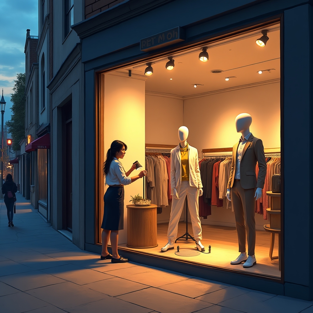 Local comercial minorista con iluminación de vidriera y estanterías encendida