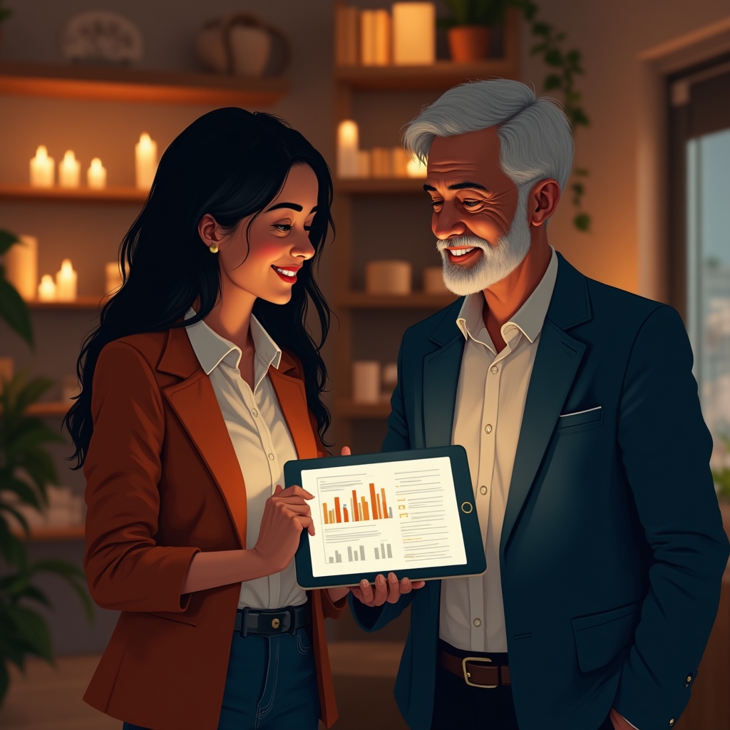 Consultor mostrando en una tablet un informe de recomendaciones energéticas priorizadas